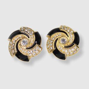 Vintage Swarovski Swirl Earrings Gold Tone Black Enamel Clear Pave Rhinestones